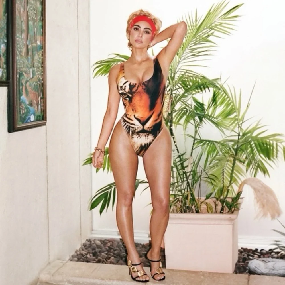 Skims x Roberto Cavalli Scoop Neck One Piece Swimsuit Tiger Face Print NWT NWB